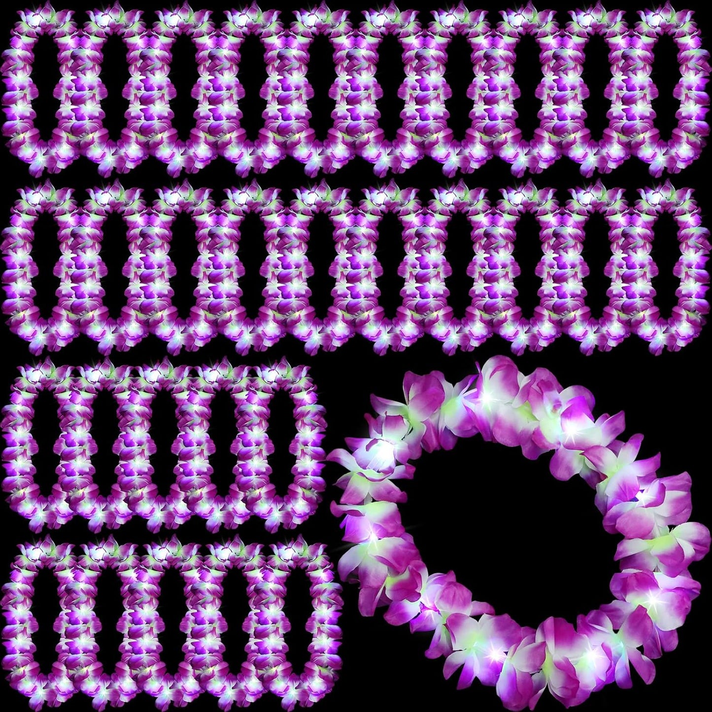 Sherr 24 Pcs LED Leis Light Up Purple and Gold Hawaiian Flower Necklaces, Graduation 2026 Party Supplies, Class of 2026 Leis for Beach Wedding Luau Glow Party Favors