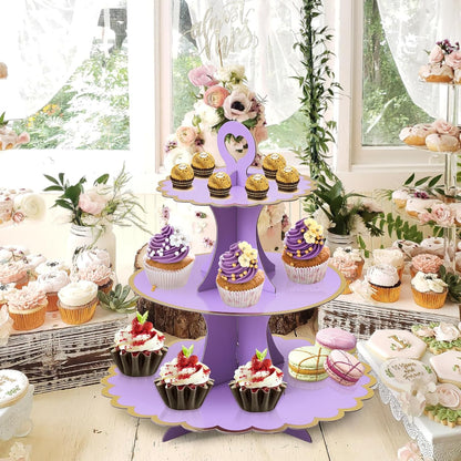 Soleebee 3-Tier Cupcake Stand, Cardboard Cupcake Tower, Cup Cake Stand Tower for Birthday Wedding Party Decoration, Cupcake Tier Stand Desserts Display 1 Set (Purple Gold)