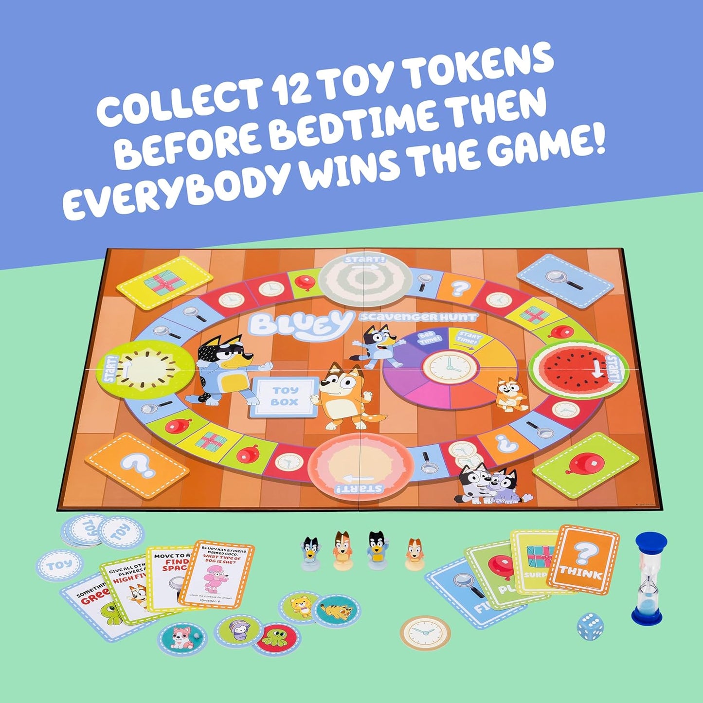 Bluey Scavenger Hunt Board Game, Cooperative Play with 4 Exclusive Mini-Figures, Indoor Games for Kids Ages 5+, Fun Toy Token Collecting Game