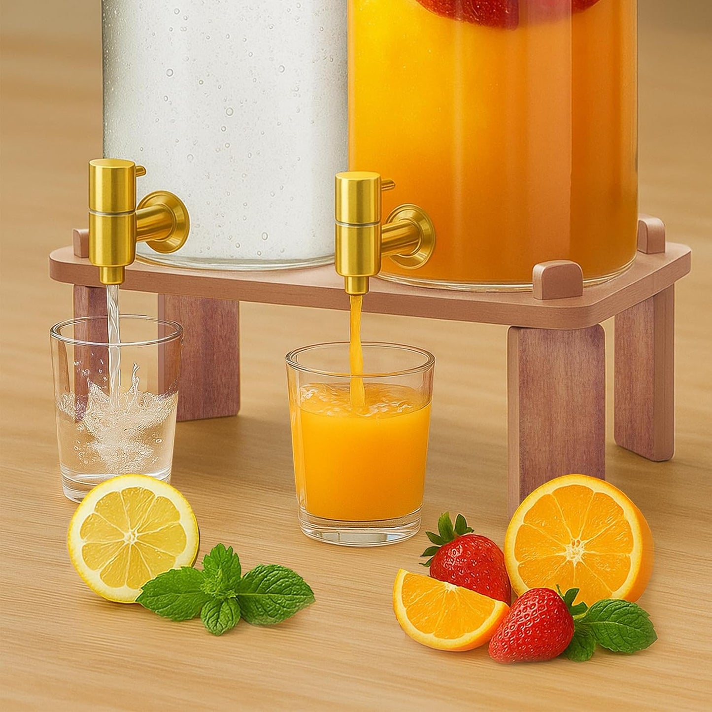2PCS Drink Dispenser, 1.5 Gallon Each Glass Beverage Dispenser with Wood Stand and Stainless Steel Faucet Ideal for Juice, Lemonade, and Tea,Large Drink Dispenser for Parties and Home Use