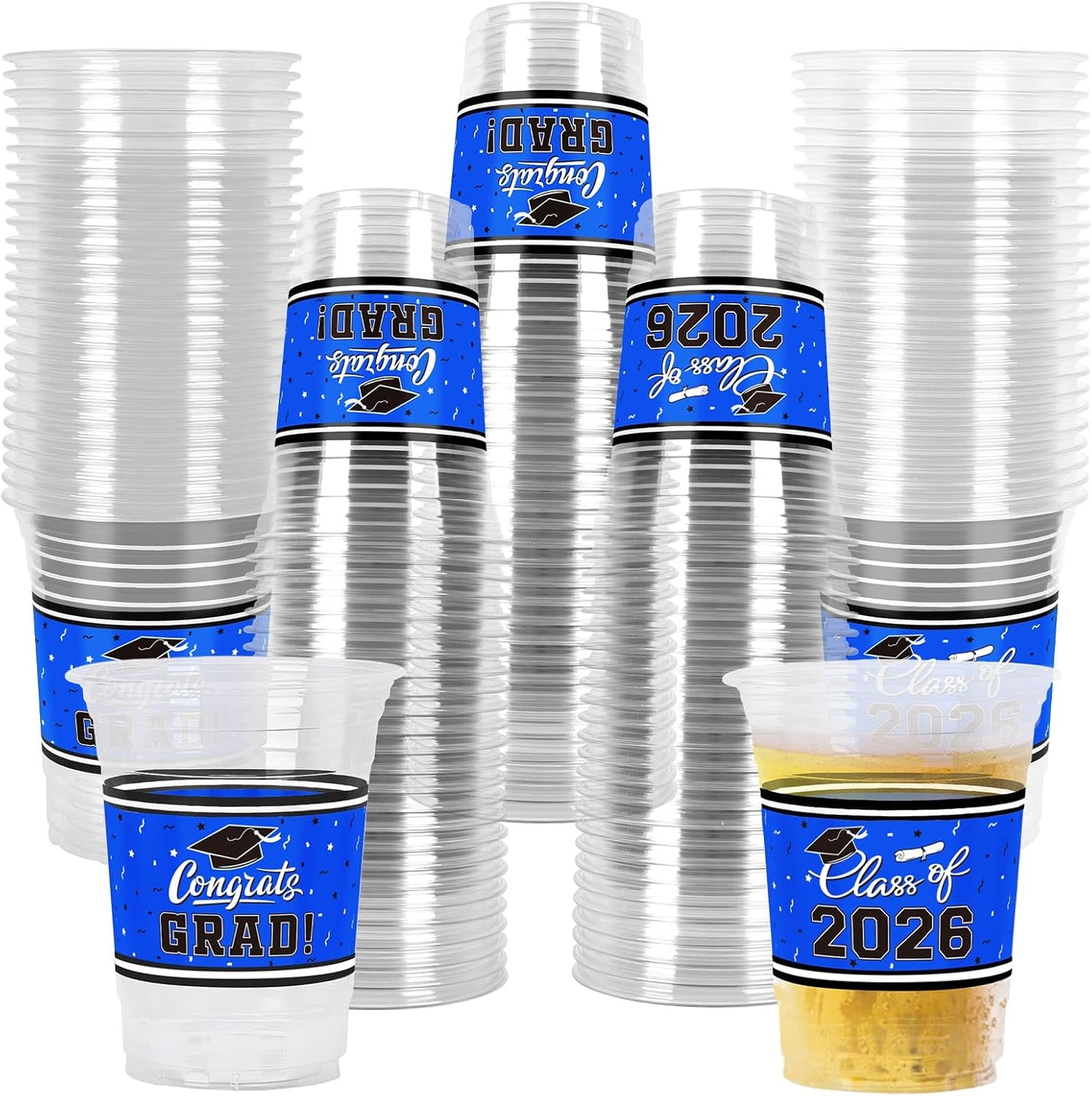 Gatherfun Graduation Decorations 2026-100 Pcs 16oz Blue Graduation Plastic Cups for Grad Party | Sturdy & Durable Drinkware for Grad Festivities | Essential Grad Party Supplies & Decorations