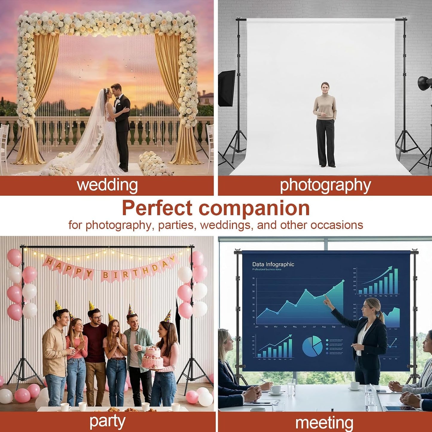 Backdrop Stand 10x7ft(WxH), Photo Studio Adjustable Background Stand Support System Kit with 8 Crossbars, 8 Clamps and Carrying Bag for Parties, Wedding, Photography, Decoration