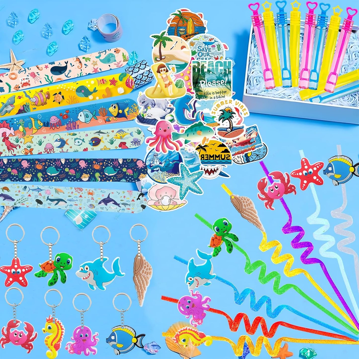 Mexican Fiesta Party Favor 122 PCS Mexican Themed 12 Slap Bracelets 12 Silicone Bracelets 50 Stickers 12 glitter drinking straws 12 Fiesta Keychains 12 Candy Bags 12 Bubble Wands for Mexican Party