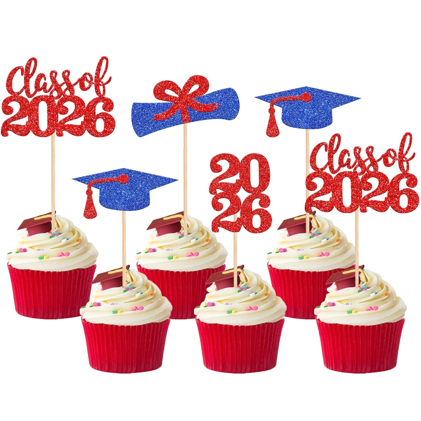 36 PCS 2026 Graduation Theme Cupcake Toppers Glitter Class of 2026 Grad Cap Diploma Cupcake Picks 2026 Graduation Theme Party Cake Decorations Supplies Deep Blue