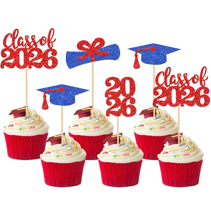 36 PCS 2026 Graduation Theme Cupcake Toppers Glitter Class of 2026 Grad Cap Diploma Cupcake Picks 2026 Graduation Theme Party Cake Decorations Supplies Deep Blue