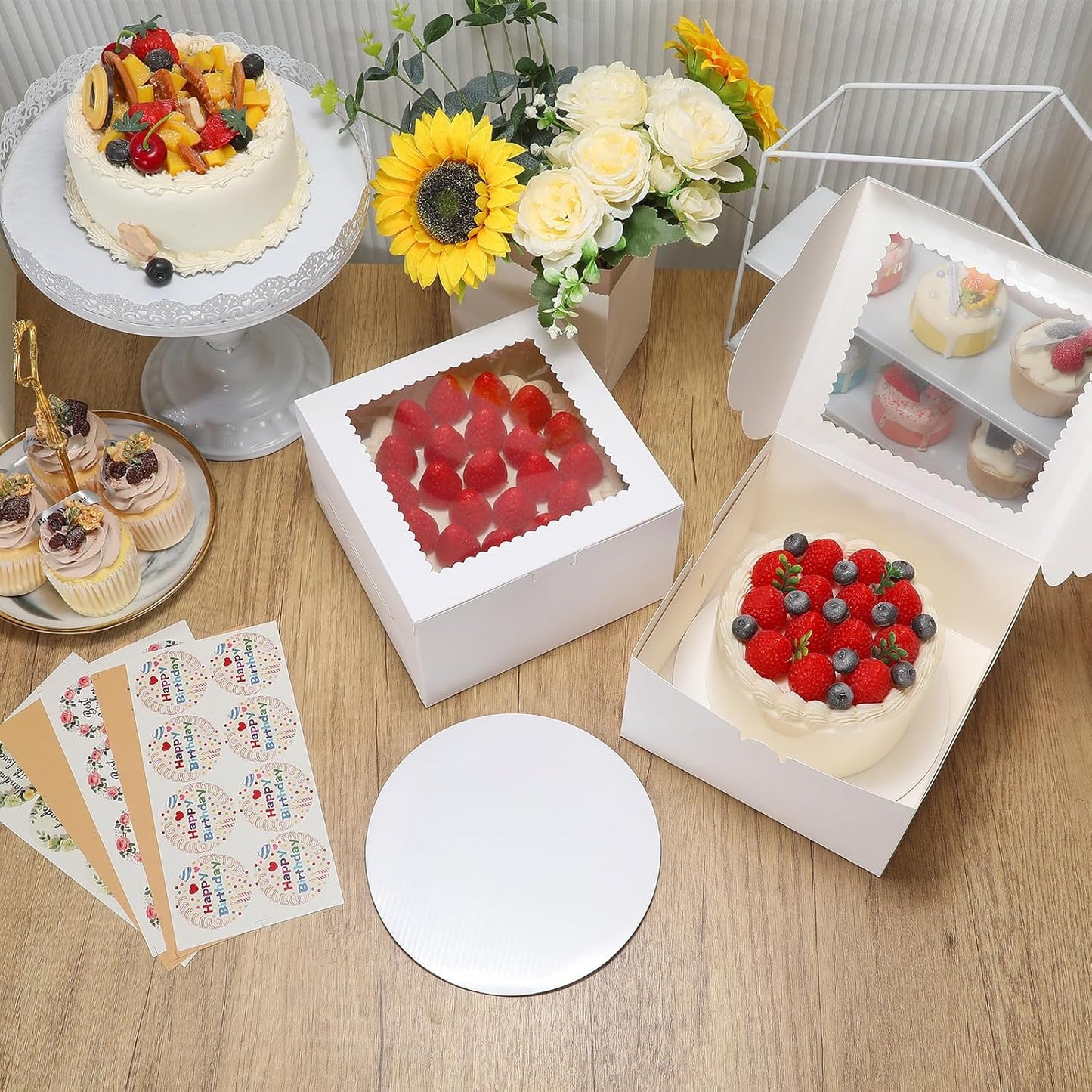 COTOPHER 50 Pcs Cake Boxes 8 Inch, 8x8x5 Inches Cake Containers (25 Boxes & 25 Boards), White Bakery Boxes with Windown for Cookies, Desserts, Cupcake, Pastries, Birthday, Wedding, Mother's Day