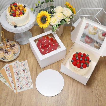 COTOPHER 50 Pcs Cake Boxes 8 Inch, 8x8x5 Inches Cake Containers (25 Boxes & 25 Boards), White Bakery Boxes with Windown for Cookies, Desserts, Cupcake, Pastries, Birthday, Wedding, Mother's Day