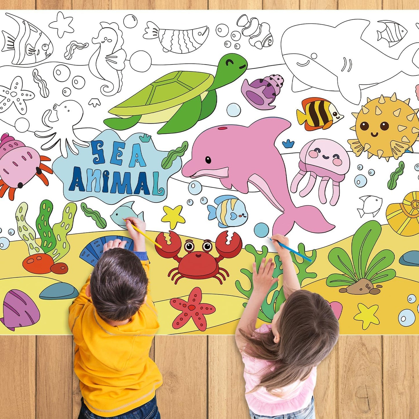 43.3x31.5 Summer Coloring Poster with Picture, Giant Cute Painting Poster, Large Coloring Tablecloth for Classroom Home Birthday Party Supplies Favor