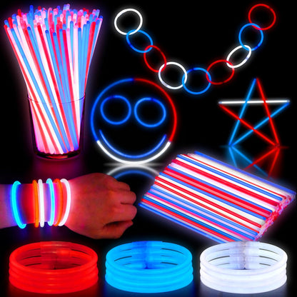 JOYIN 324 Pcs 4th of July Glow Sticks with Connectors, 8" Red White Blue Glow in the Dark Bracelets Necklaces for Kids Adults, Patriotic Light Up Toys for Independence Day Party Favor Accessory Supply