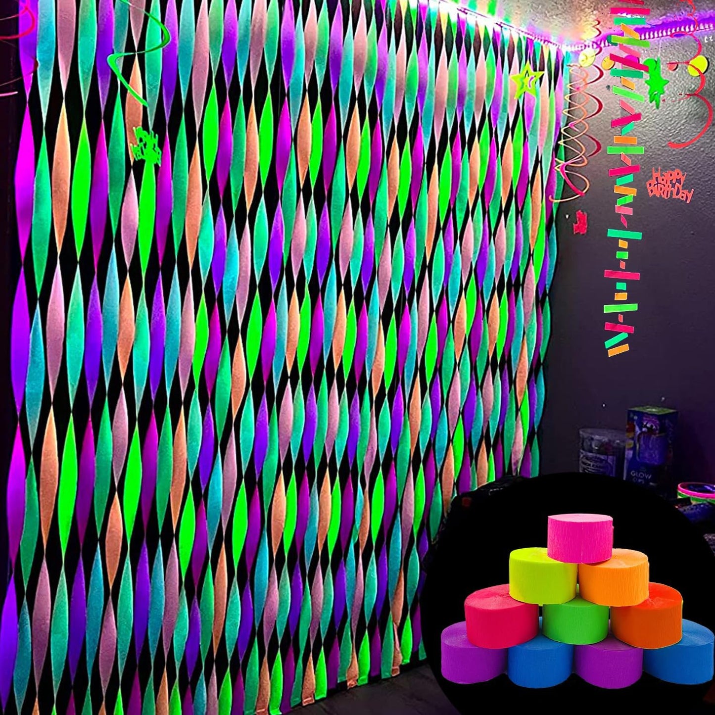 600 feet Glow Crepe Paper Streamers UV Glow Party Neon Streamer Decorations Glow in The Dark Black Light Reactive Fluorescent Neon Paper Party Streamers Wedding Birthday Blacklight Party Supplies