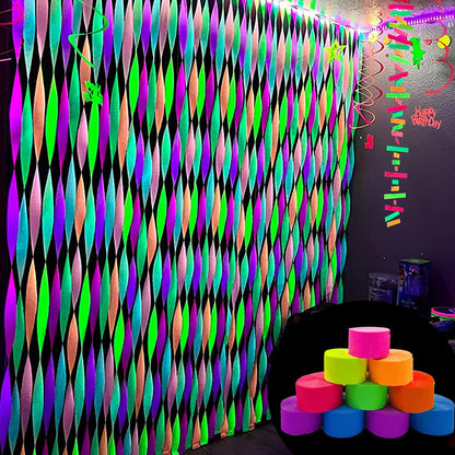 600 feet Glow Crepe Paper Streamers UV Glow Party Neon Streamer Decorations Glow in The Dark Black Light Reactive Fluorescent Neon Paper Party Streamers Wedding Birthday Blacklight Party Supplies