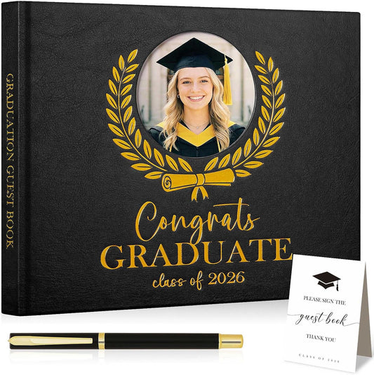 Lanpn Graduation Guest Book Class of 2026 with Pen & Table Sign, Leather Graduation Guest Sign in Books, Graduates Signature Book, Keepsake Memory Books for College High School Grad Party, Black