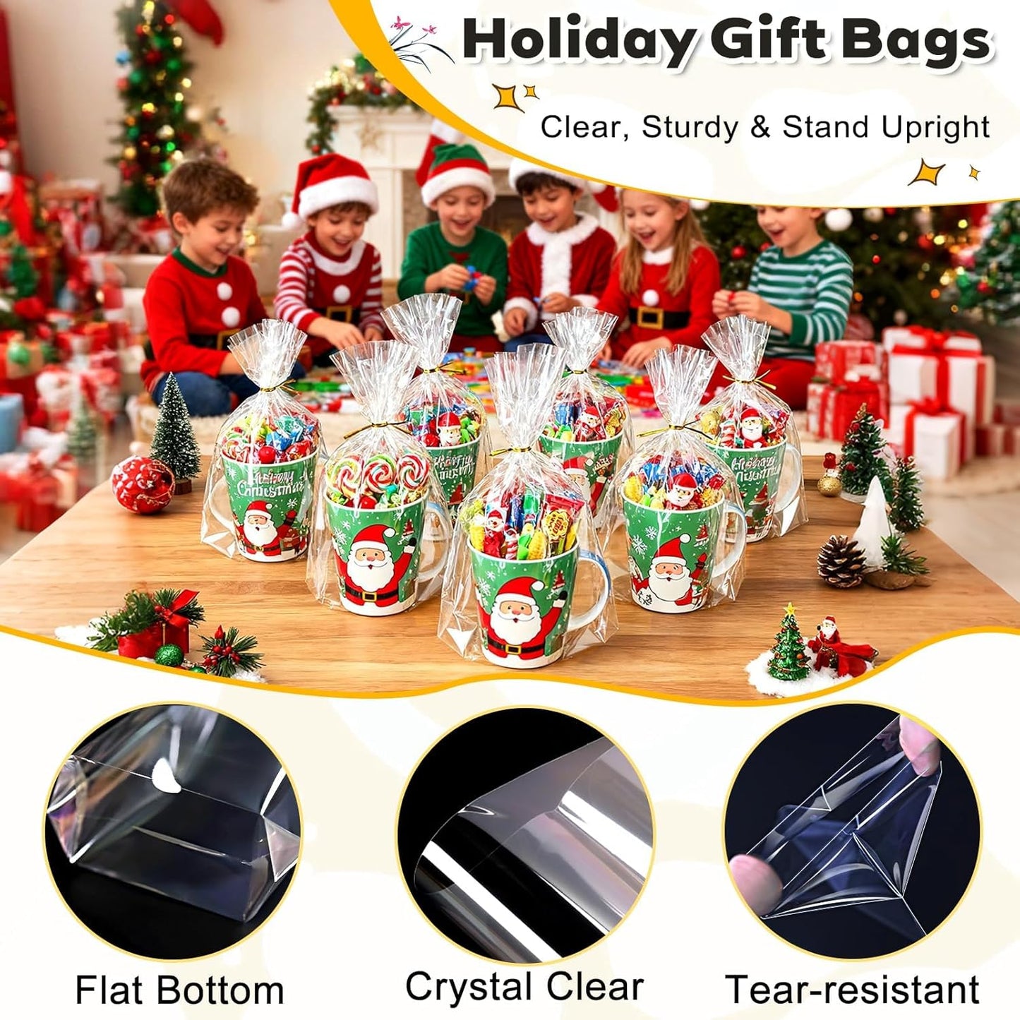PigPotParty Cellophane Treat Bags 6x9 Inch, 50 Pack Clear Goodie Bags with Bottom Gusset for Stand-Up Display, Small Plastic Gift Wrap for Cookies, Candy, Party Favors, Popcorn, Includes 50 Gold Ties