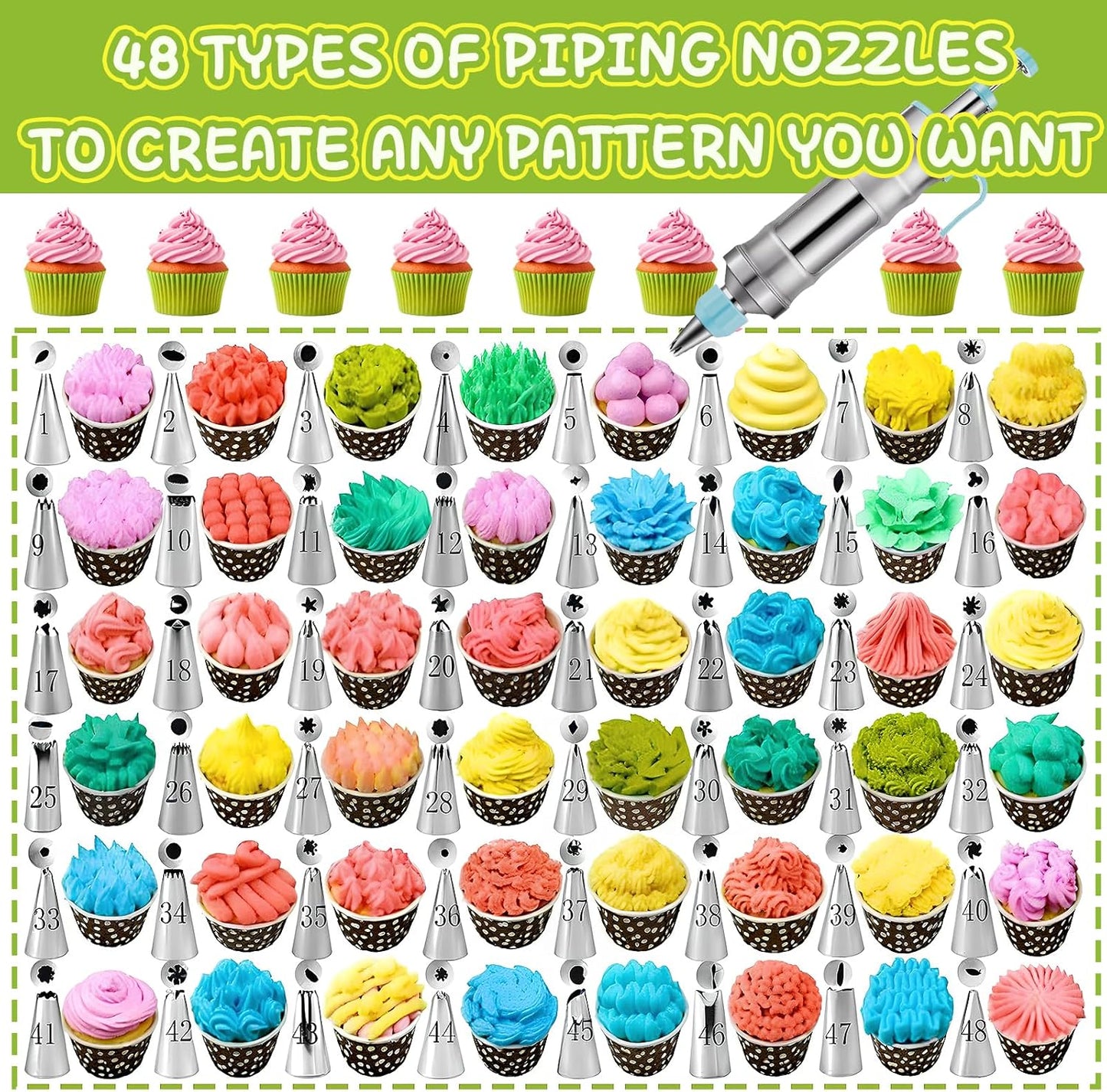 NOVANO Dessert Decorating Syringe Set, Frosting Piping Kit Stainless Steels Cake Decorating Kit with 54 Piping Tips & 9 silicone cupcakes, Cupcake Decorating Kit Piping Bags and Tips Set