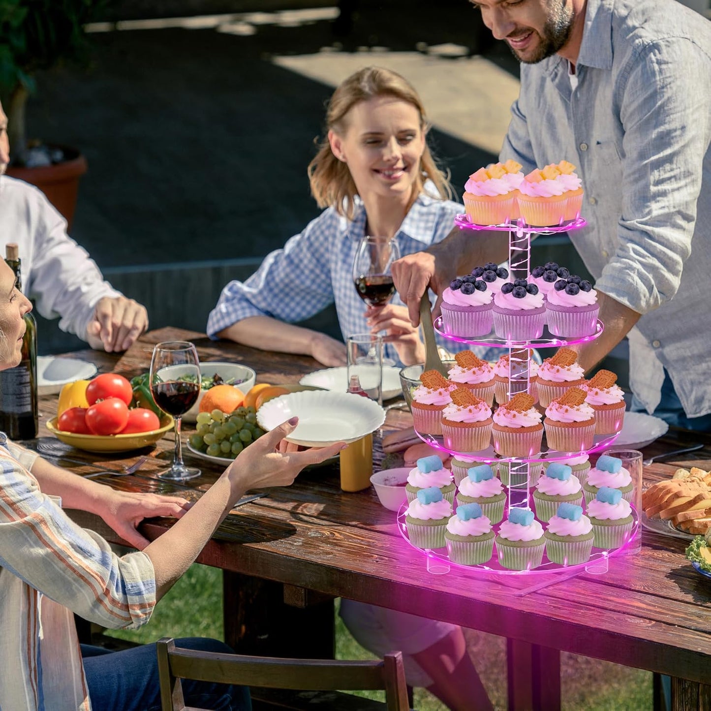 YestBuy Cupcake Stand with Yellow Led Lights, 4 Tier Cupcake Stand for 50 Cupcakes, Acrylic Cupcake Tower Stand, Clear Tiered Cupcake Holder for Birthday Cady Bar Décor Weddings, Parties Events