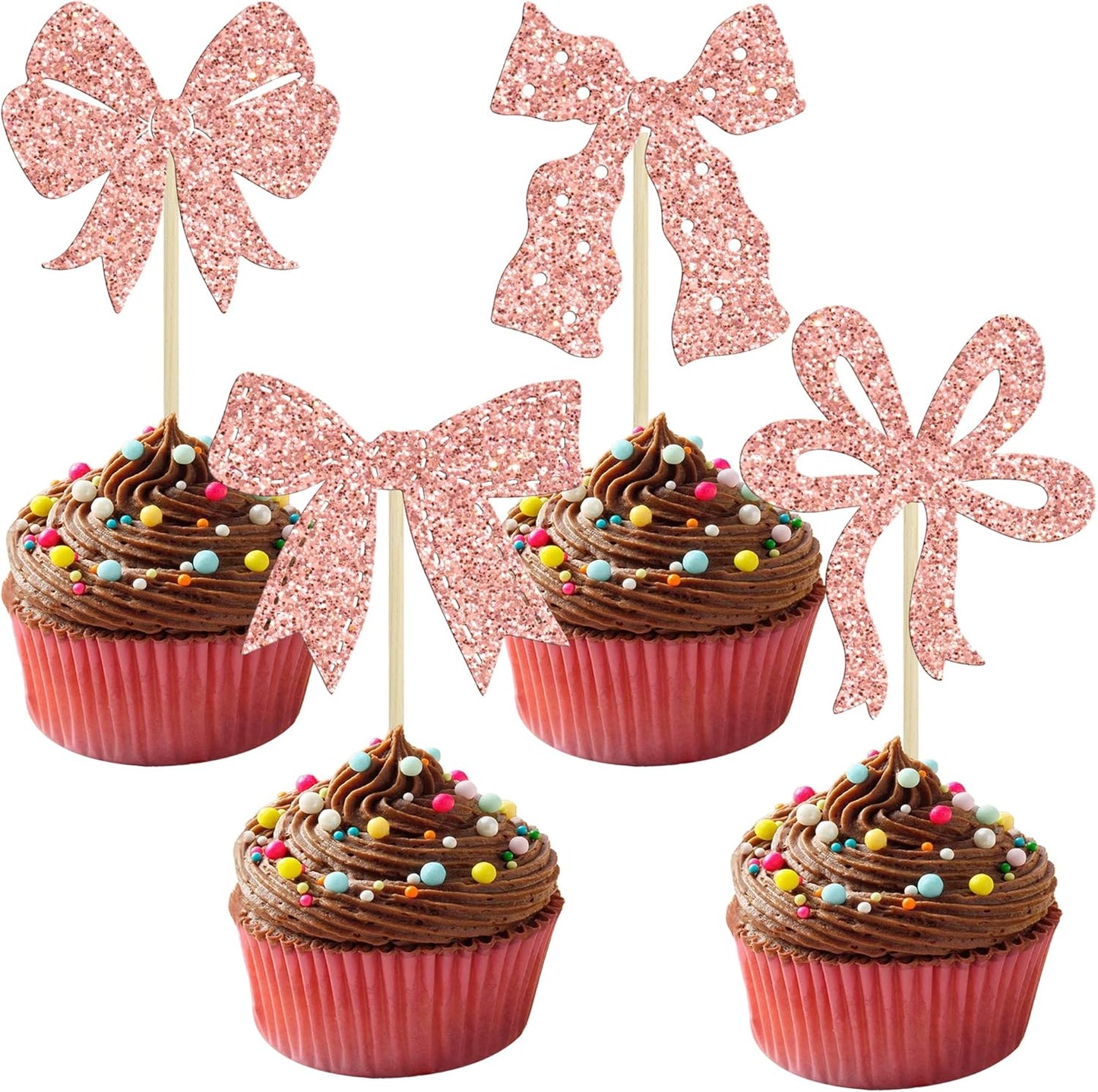 Ephlyn 24Pcs Pink Bow Cupcake Toppers Bow Birthday Cake Topper Girls Birthday Party Decorations Bowknot Cupcake Decorations for Bridal Wedding Themed Party Multi