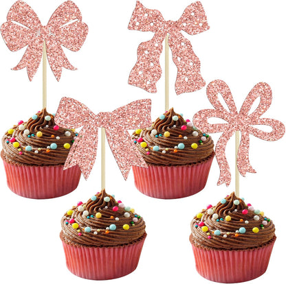 Ephlyn 24Pcs Pink Bow Cupcake Toppers Bow Birthday Cake Topper Girls Birthday Party Decorations Bowknot Cupcake Decorations for Bridal Wedding Themed Party Multi