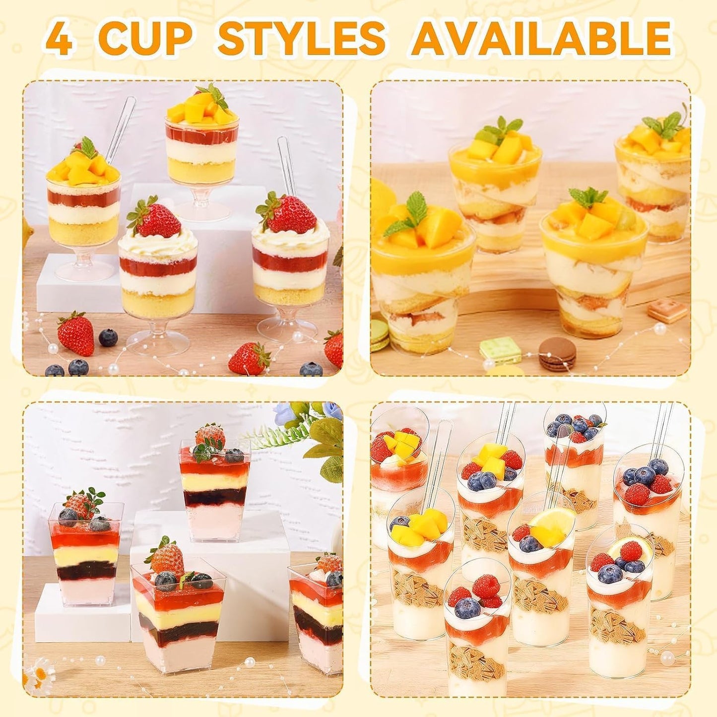 400-Pack 5 oz Dessert Cups with Lids and Spoons, Clear Plastic Parfait & Yogurt Cups, Mini Shooter Cups for Parties, Ice Cream, Pudding, Fruit | Square Appetizer Containers