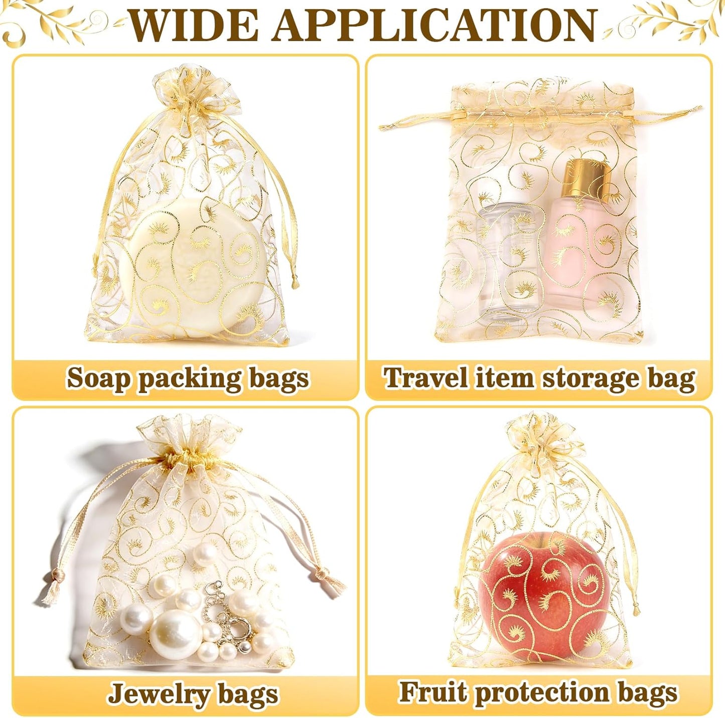 Sukh 100pcs Organza Bags 5''x7'' - White Sheer Mesh Drawstring Bags for Jewelry, Soap, Fruits, Candy, Small Gift Bags for Weddings, Valentine's Day, Mother's Day, Halloween, Thanksgiving, Christmas