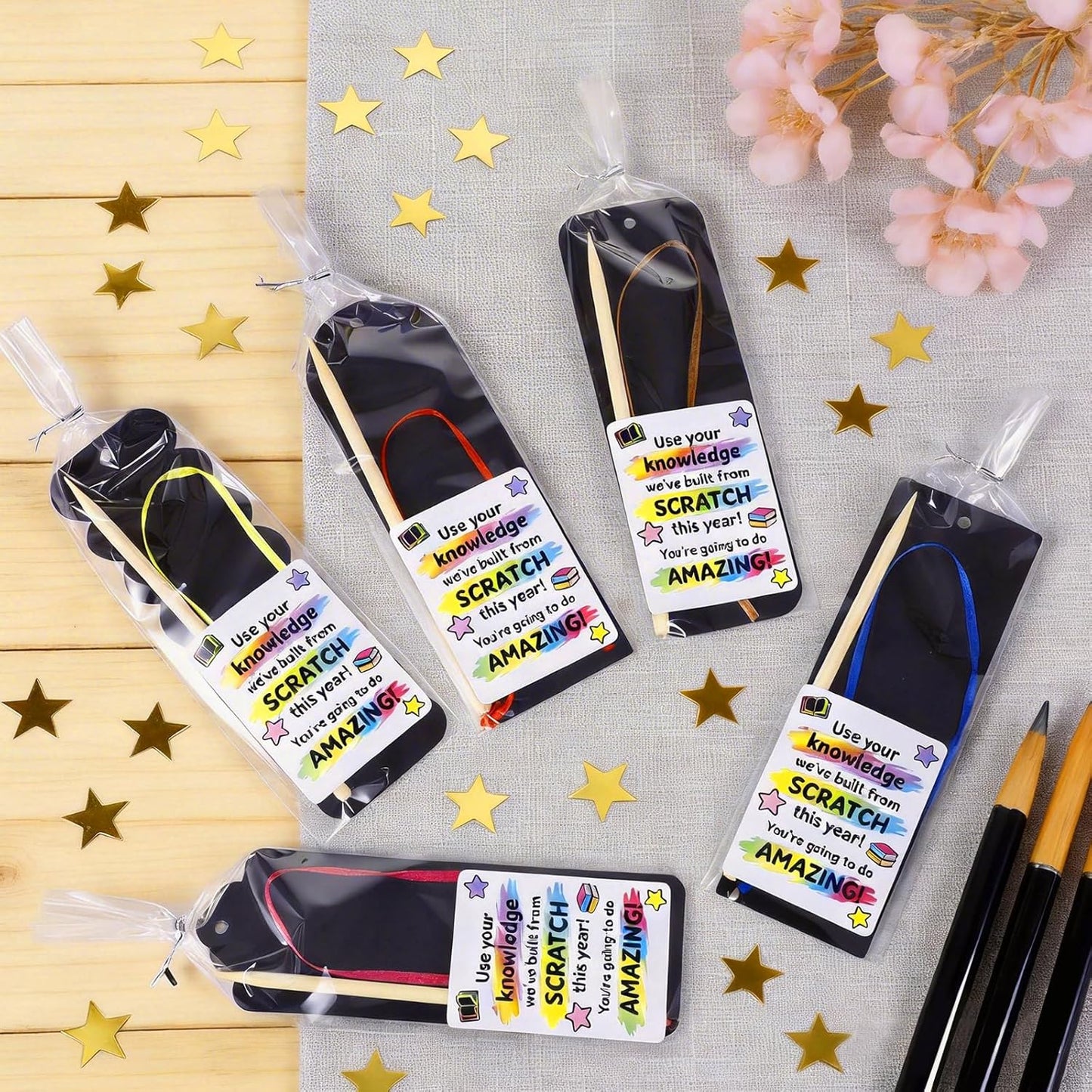 60 Set End of Year Gifts Magic Scratch Rainbow Bookmarks Making Kit, Scratch Paper DIY Bookmarks with Bamboo, Scratch Art Bookmark Craft for School Party Favor