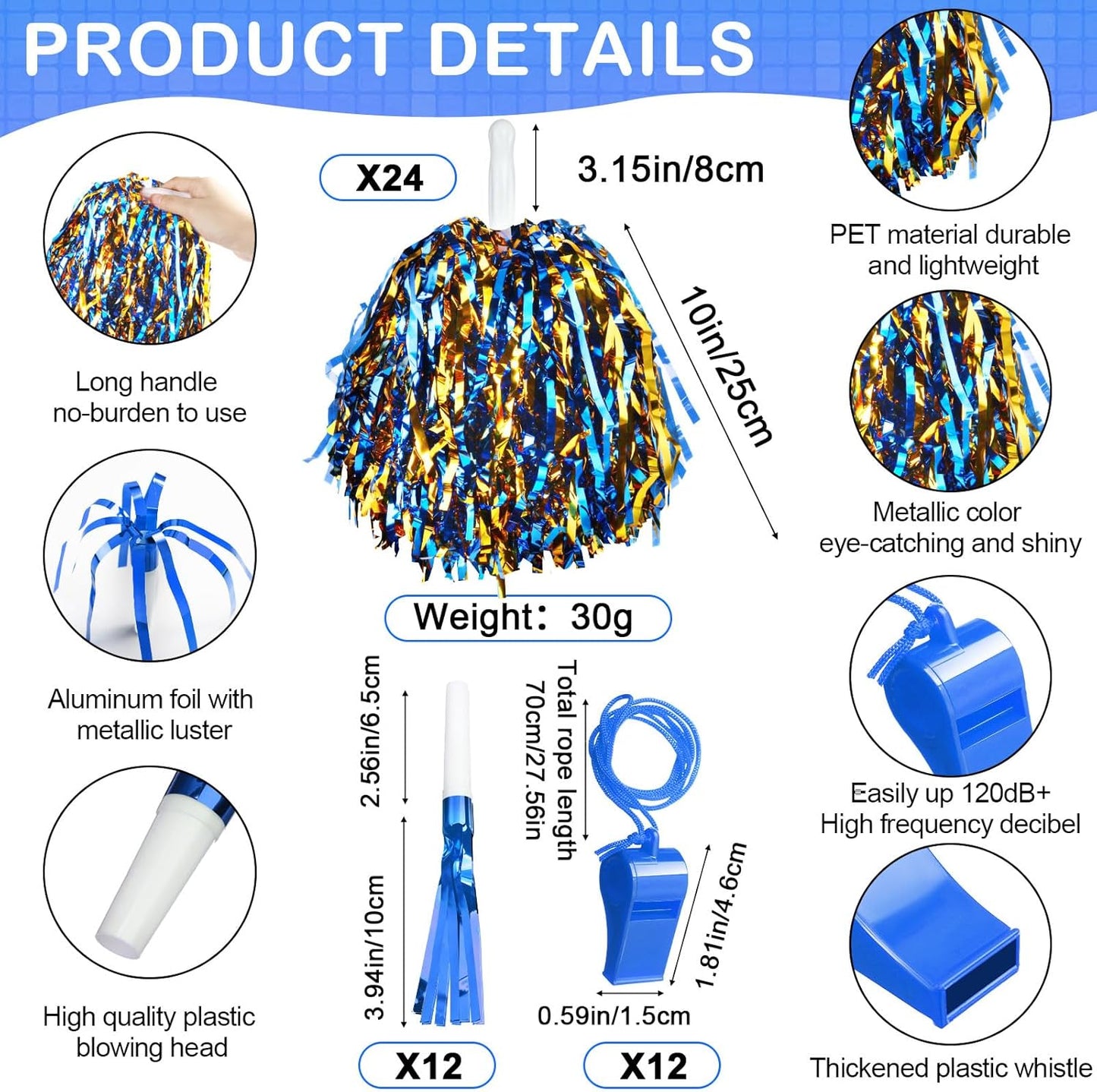 Yunsailing 96 Pcs Homecoming Noisemakers Team Spirit Accessories for Game Day Include Hand Clappers Cheerleading Pom Pom Thunder Stick Cheer Party Blower Plastic Whistle for Sport Fans(Gold)