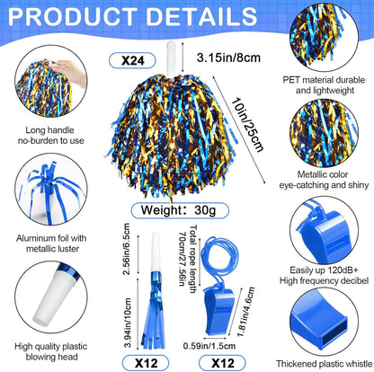 Yunsailing 96 Pcs Homecoming Noisemakers Team Spirit Accessories for Game Day Include Hand Clappers Cheerleading Pom Pom Thunder Stick Cheer Party Blower Plastic Whistle for Sport Fans(Gold)