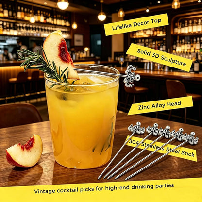 Homestia Stainless Steel Cocktail Picks, 4.7 Inch Reusable Martini Olive Picks, Metal Garnish Skewers for Drinks, Appetizers, Bloody Mary - Set of 6 Metal Cocktail Picks for Party Bar