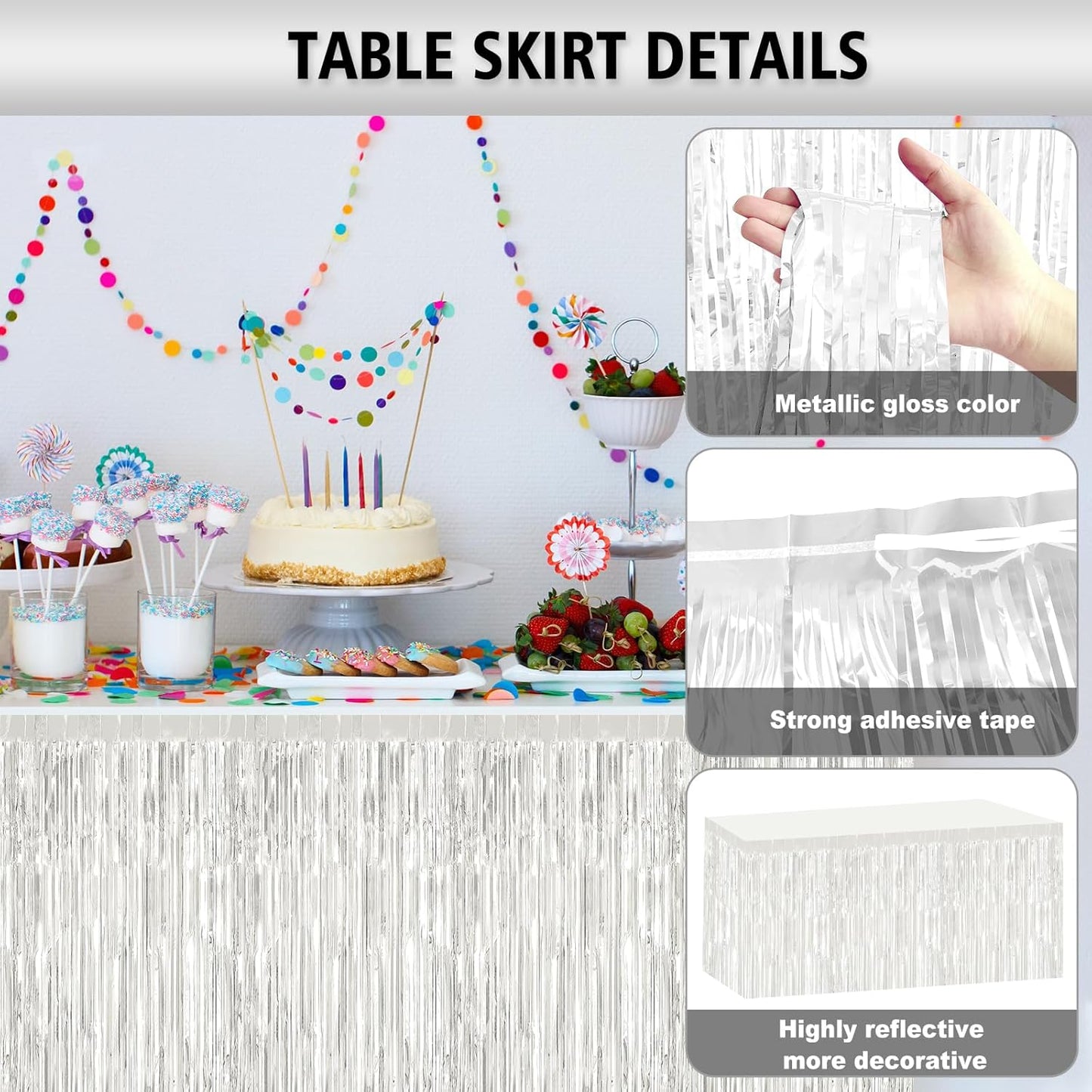 2 Pack 29.5x108 Inch Silver Foil Tinsel Fringe Table Skirts, Disposable Table Skirts for Rectangle Tables Curtains Backdrop Parade Wedding Floats Baby Shower Birthday Mardi Gras Party