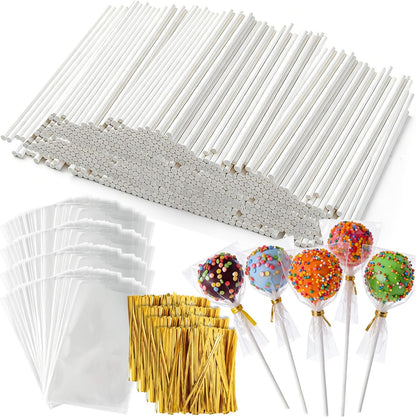 300Pcs Lollipop Sticks and Wrappers Kit, 100Pcs 6IN Cake Pop Stick, 100pcs Clear Candy Treat Bags Parcel, 100pcs Gold Twist Ties for Lollipops, Candies, Chocolates Cookies