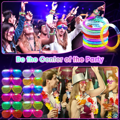 Honoson 96 Pack Glow in the Dark Party Supplies, Light up Glasses LED Bracelets, Neon Favor Flashing Bulk Gift for Adult (Vibrant Color)