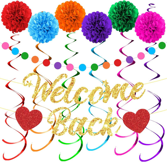 Welcome Back Party Decorations Colorful Glittery Welcome Signs Banner Hanging Swirls Paper Pompoms Circle Dots Garland for New Employee Coworker Office First Day of School Classroom Back Home Party