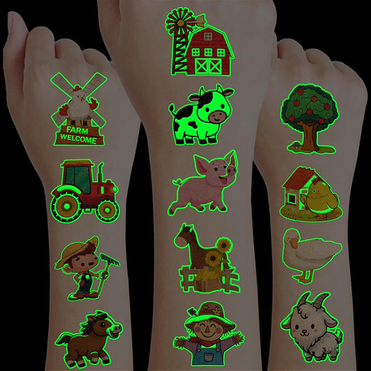 72 PCS Farm Barnyard Animal Pre-Cut Temporary Tattoos Sticker Birthday Decorations Party Supplies Favors Gift Boy Girl Farmhouse Cow Chicken Tattoo School Reward Themed (Normal)