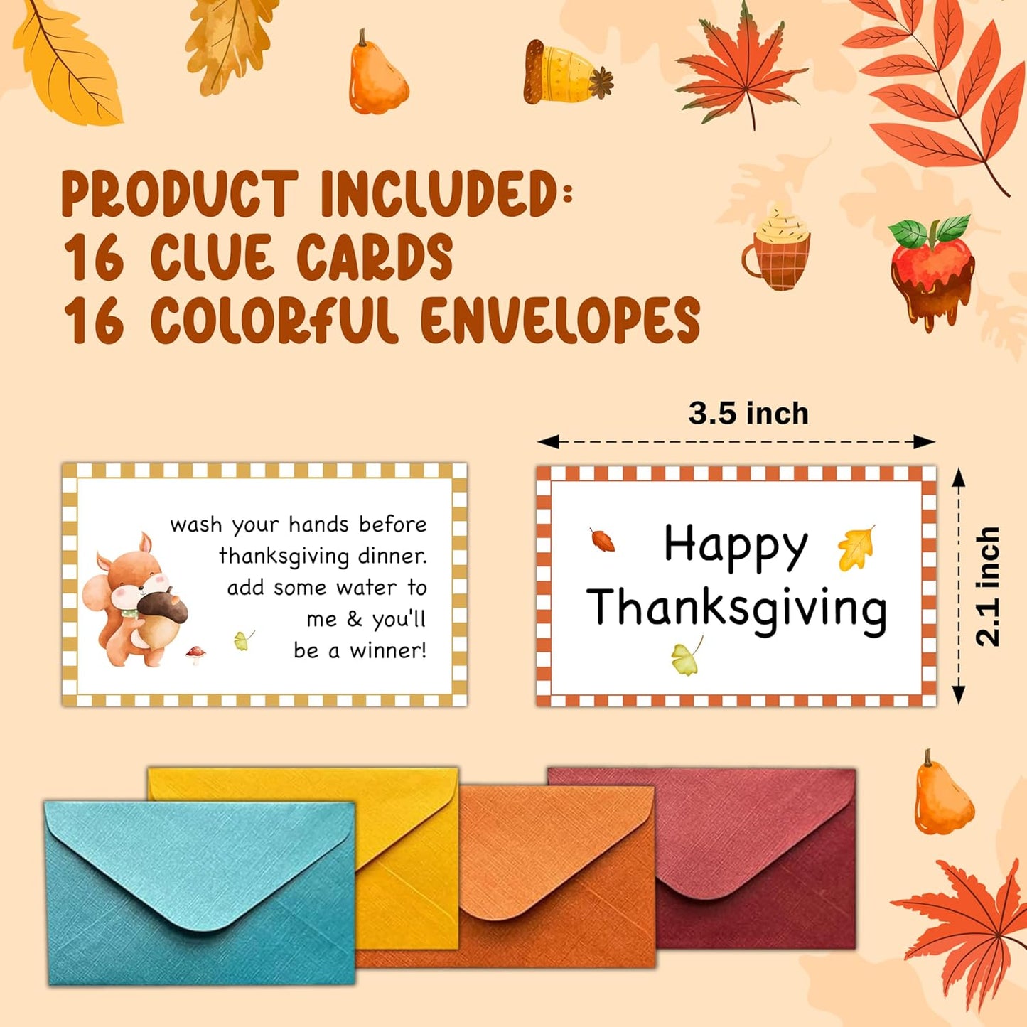 Thanksgiving Scavenger Hunt Clues Card, Outdoor Indoor Autumn Harvest Games, Thanksgiving Party Supplies Decoration, Set of 16 Cards with Colourful Envelopes -A01