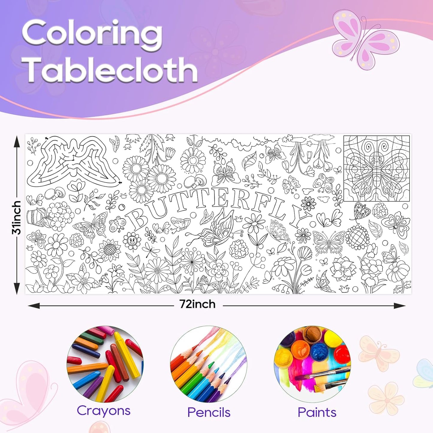 Kids Coloring Tablecloth, Easter Bunny Egg Chick Theme Paper Coloring Poster, 31 x 72 Inch Spring Holiday Coloring Activity Party Table Cover