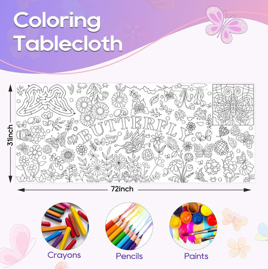 Kids Coloring Tablecloth, Easter Bunny Egg Chick Theme Paper Coloring Poster, 31 x 72 Inch Spring Holiday Coloring Activity Party Table Cover
