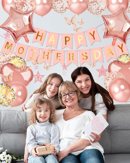 Lutoys Rose Gold Happy Birthday Party Decorations, Happy Birthday Banner, Rose Gold Foil Heart Star Confetti Balloons Curtain Backdrop Hanging Swirls Party Decor for Girls Women Princess