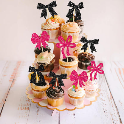 Ephlyn 24Pcs Pink Bow Cupcake Toppers Bow Birthday Cake Topper Girls Birthday Party Decorations Bowknot Cupcake Decorations for Bridal Wedding Themed Party Multi