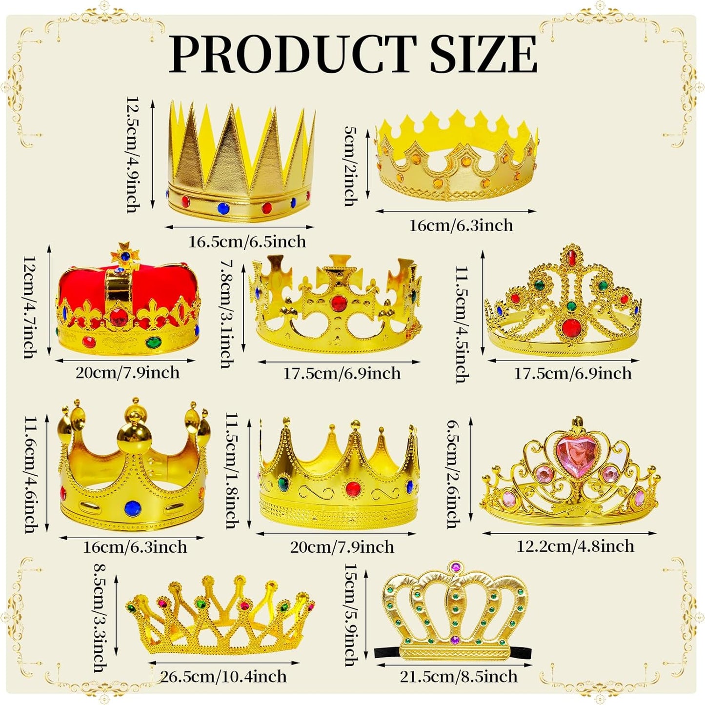 10 Pcs Royal King Crown Set for Kids Queen, Prince, and Princess Crown Plastic King Crown Jeweled Costume Accessory for Party Prom Adult Boy Girl