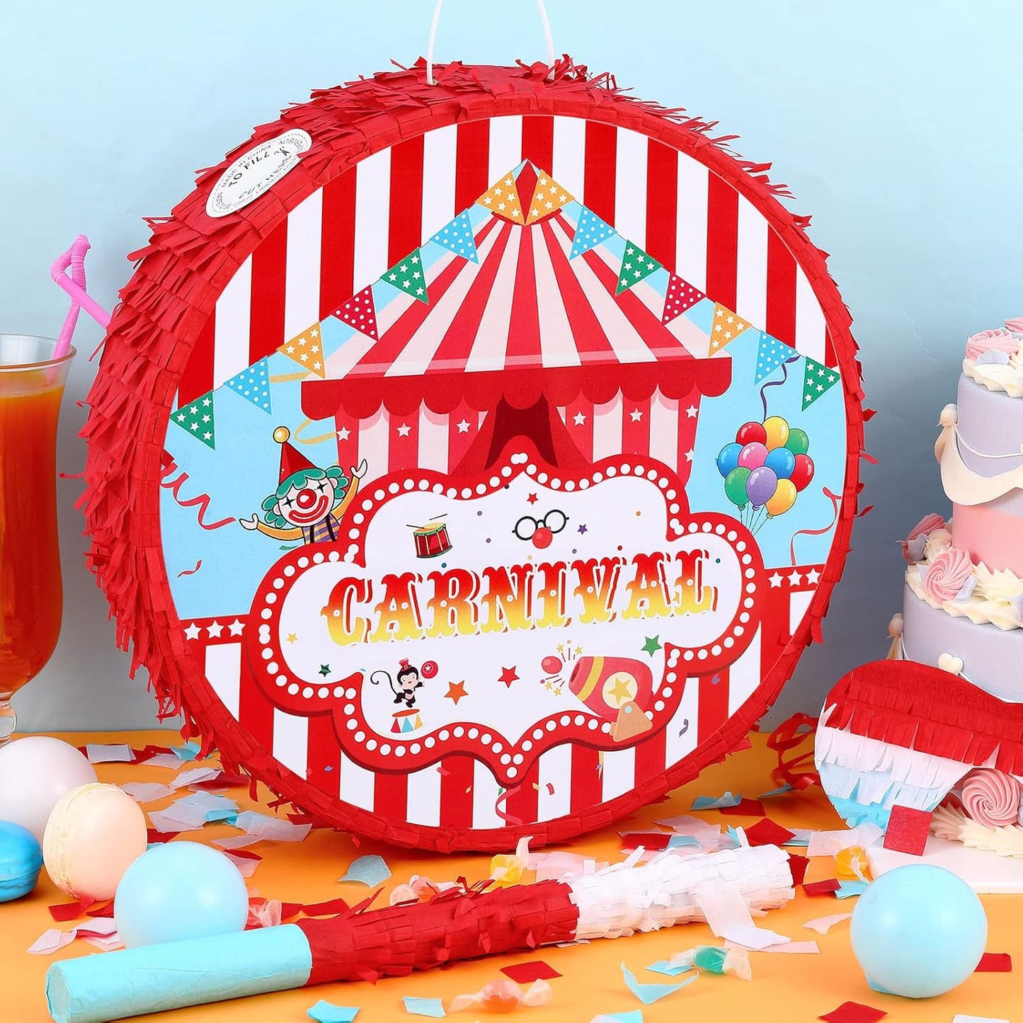 Deekin Large Carnival Piñata Stick with Blindfold Confetti Set Circus Tent Piñata for Birthday Carnival Theme Party Decorations Gaming Holiday Celebration Game Supply