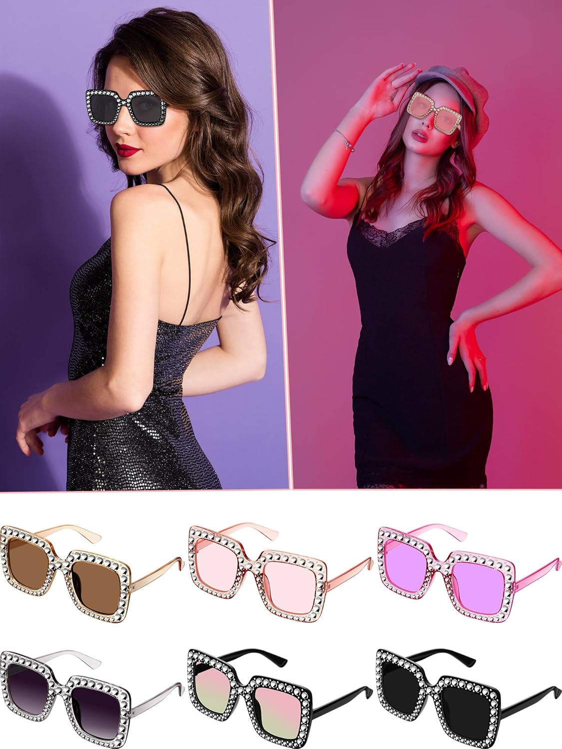 Flutesan 12 Pairs Women Disco Sunglasses Crystal Oversized Sunglasses 70s Rhinestone Diamond Retro Glasses for Rave Festival