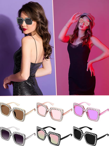 Flutesan 12 Pairs Women Disco Sunglasses Crystal Oversized Sunglasses 70s Rhinestone Diamond Retro Glasses for Rave Festival