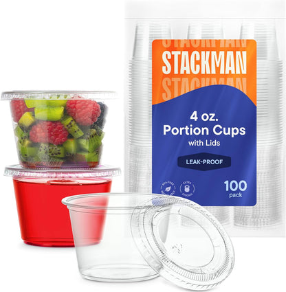[100 Sets - 5.5 oz.] Plastic Clear Portion Cups, Snack / Yogurt /Parfait/ Pudding / Souffle /Dessert Cups, Disposable Containers with Lids 5.5oz.