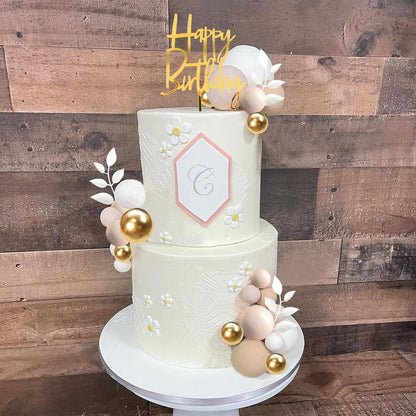 Khaki Balls Cake Topper Boho Grass Cake topper Khaki White Gold Pearl Balls Happy Birthday Cake Decorations for Wedding Birthday Boho Themed Supplies (Khaki)