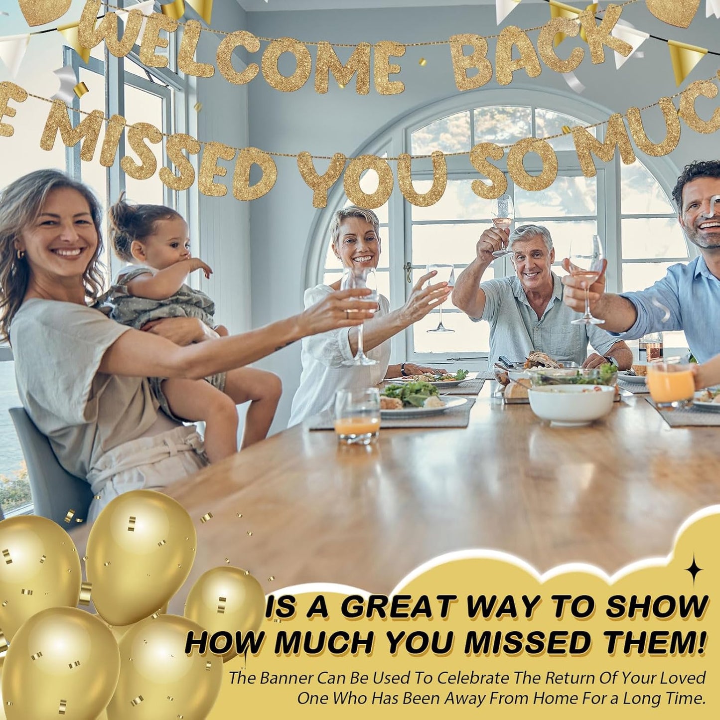 Fulmoon Pre Strung Welcome Back We Missed You So Much Banner, NO DIY, Glitter Welcome Home Celebration Decorations Family Gathering, Back to School, Military Homecoming Decoration(Dark Blue)