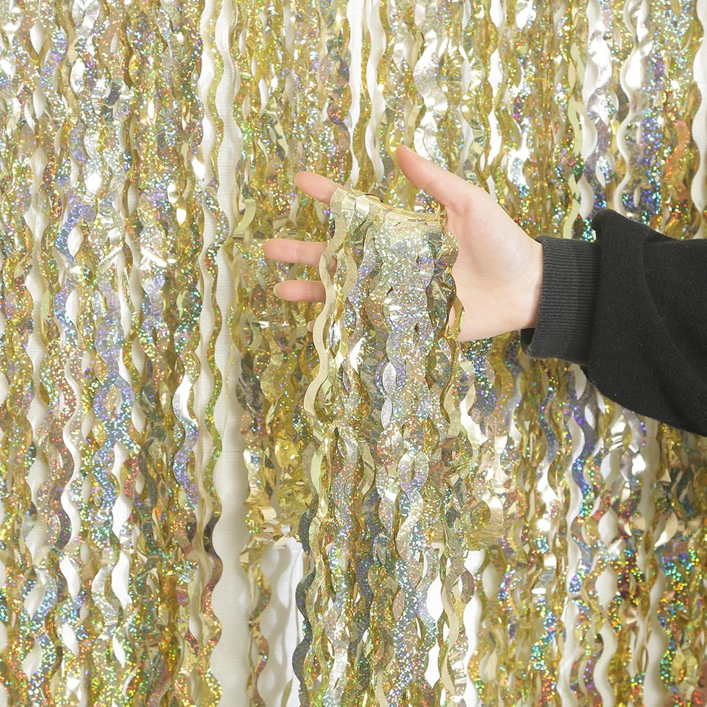 4 Pack Wavy Champagne Gold Metallic Tinsel Foil Fringe Curtains Backdrop - 3.3X6.6ft Foil Fringe Backdrop for Parties | Door Streamers for Birthday | Photo Booth Backdrops Party Decor