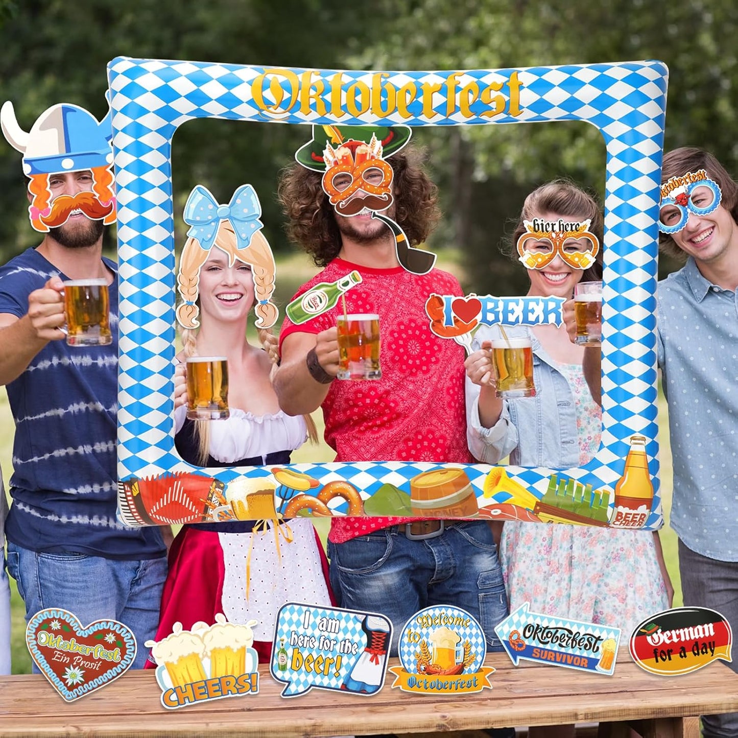 HOWAF 30pcs Oktoberfest Party Photo Booth Props with Inflatable Photo Booth Frame, German Beer Festival Photo Pops Kit for Oktoberfest Party Supplies