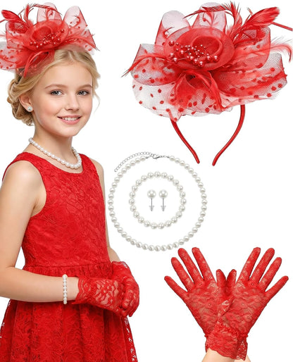 Girls Tea Party Fascinators Hats for Kids Fascinator Tea Party Hat Headband with Gloves Accessories for Girls