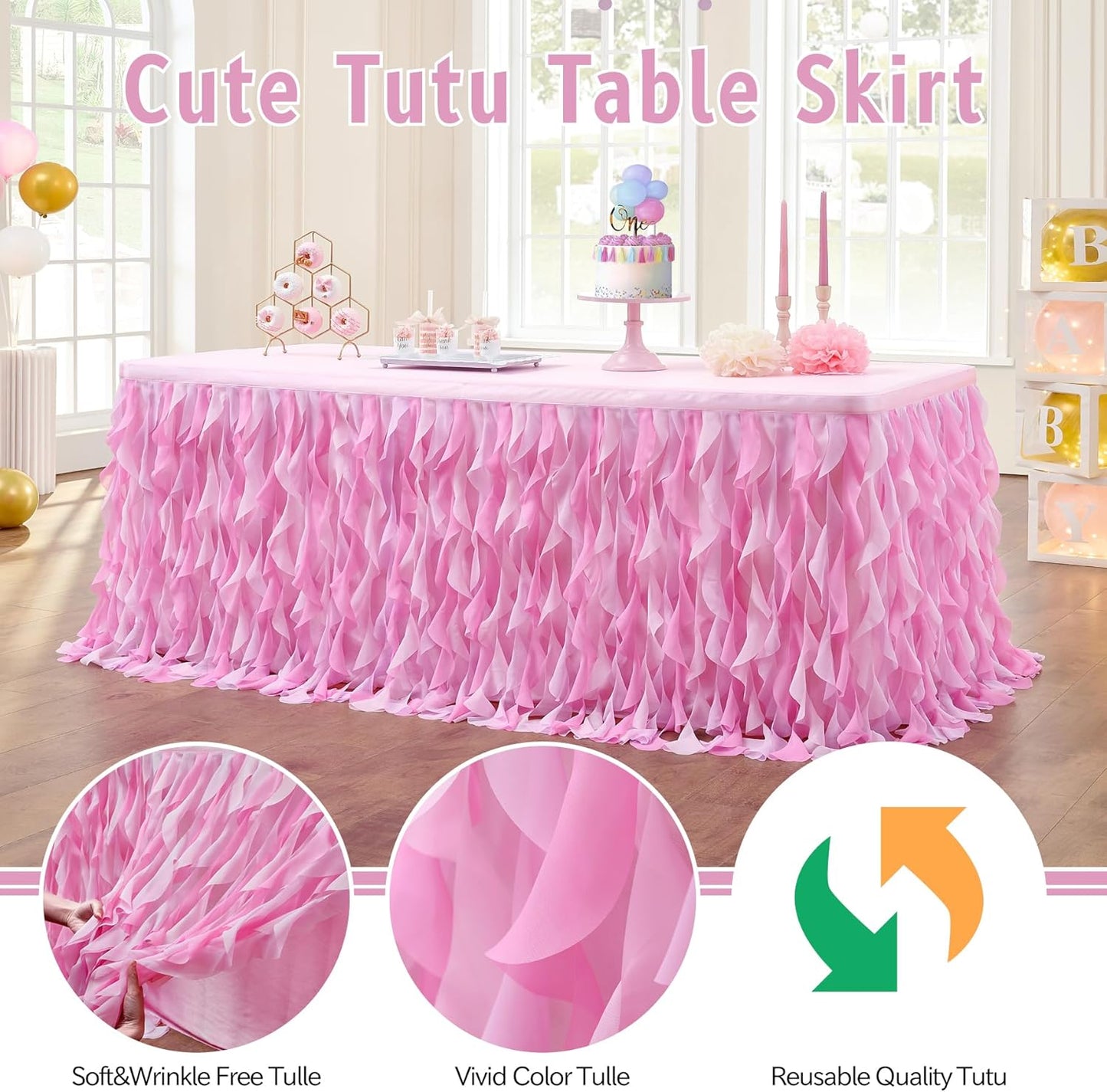 leegleri 6FT Tulle Ruffle Curly Willow Table Skirt for Rectangle or Round Tables, Under The Sea Ocean Blue Baby Shark Themed Tutu Table Skirt for Baby Shower, Birthday Party