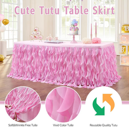 leegleri 6FT Tulle Ruffle Curly Willow Table Skirt for Rectangle or Round Tables, Under The Sea Ocean Blue Baby Shark Themed Tutu Table Skirt for Baby Shower, Birthday Party