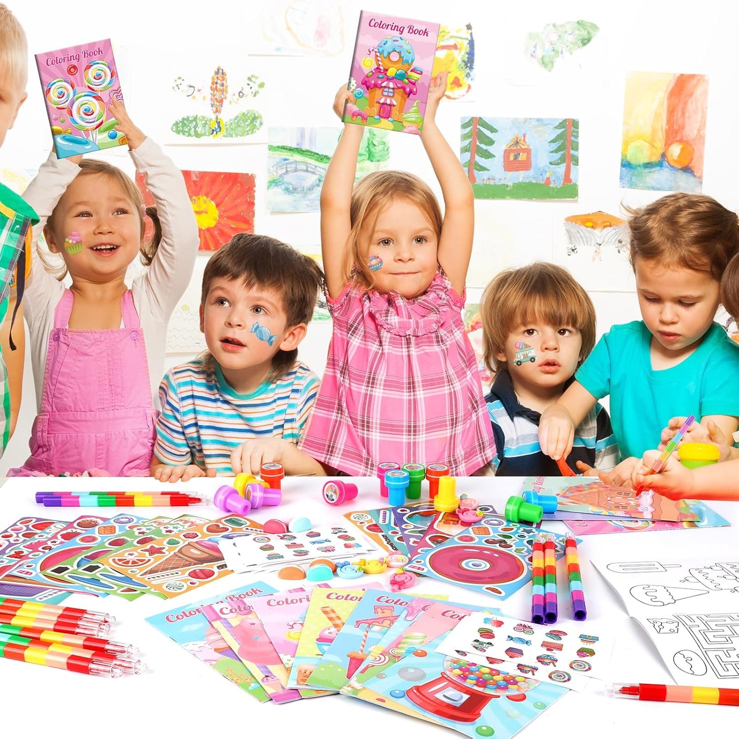 BenLouis 84Pcs Candyland Party Favors Ice Cream Donut Coloring Book Crayon Stickers Set Bulk for Kids Cupcake Lollipop Sweet Treats Birthday Gift Bag Desserts Pinata Filler Classroom Reward Crafts